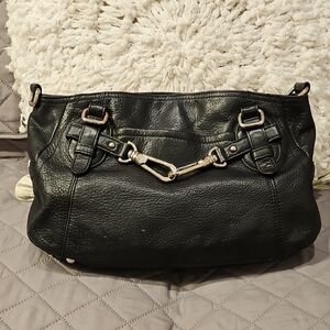 B. Makowsky Black Pebbled Leather Shoulder Bag with Silver Hardware